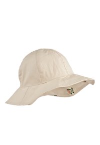 Bež sončni klobuk z širokim robom in všitimi detajli. Znotraj roba je vezen cvetlični motiv. Mehki, lahki material.