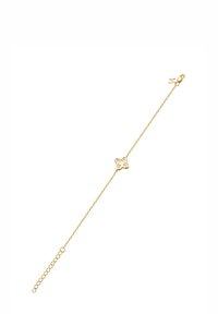 Gold chain bracelet featuring a decorative three-leaf clover motif with a smooth finish. Includes a lobster clasp and adjustable length.