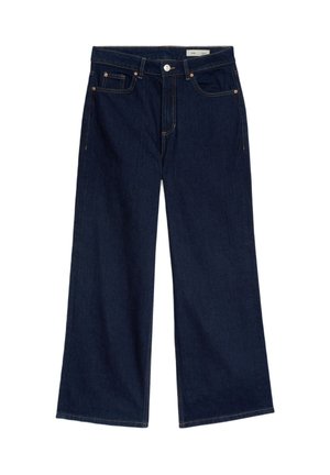 Wide-leg dark blue denim jeans with a high waist, five-pocket design, copper rivets, and contrasting yellow stitching.