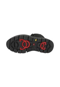 Suola nera di stivali con una superficie testurizzata; presenta accenti rossi e gialli e hardware circolare; materiale in gomma resistente per una buona trazione.