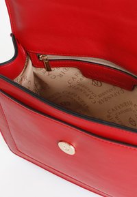 Borsa a tracolla rossa in pelle con una texture liscia, dotata di una tasca con zip interna, accessori dorati e una foderatura beige con logo.