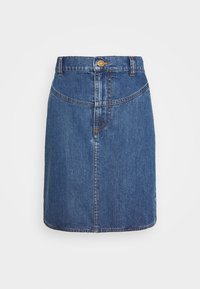 Jeanskjol, ljusblå, knälång, rak design, knappstängning i midjan, med synlig sömnad och lätt blekning.