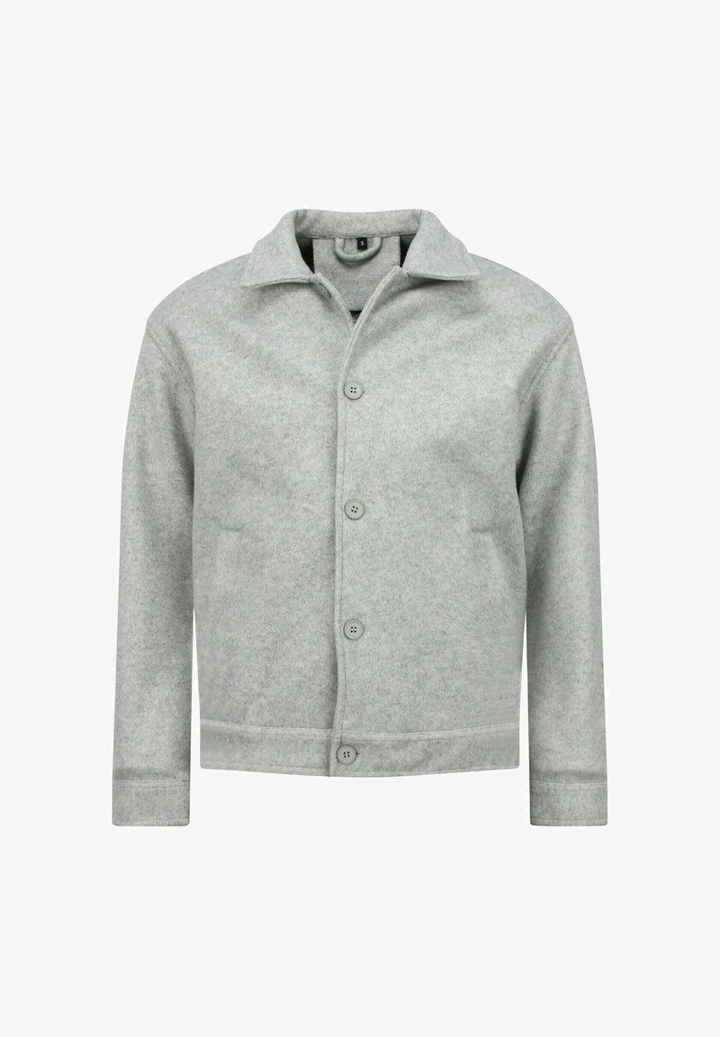 Lichtgrijs jasje van een wollen mix met een knoopsluiting aan de voorkant, een spreidkraag, lange mouwen en zijzakken. Gladde textuur en een getailleerde pasvorm.