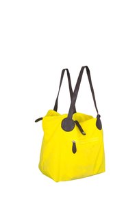 Gelbe Tragetasche mit braunen Ledergriffen und Akzenten. Verfügt über eine Reißverschlusstasche und eine weiche, strukturierte Außenfläche. Großzügiges, offenes Design.