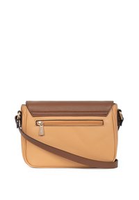 Borsa a tracolla in pelle texturizzata color beige e marrone, forma rettangolare, con tasca con zip e tracolla regolabile.