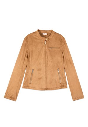 Lichtbruine suède jas met lange mouwen, ritssluiting aan de voorkant, ritssluiting op de borstzak en twee ritssluiting aan de zijkanten, met een ronde kraag met drukknop.