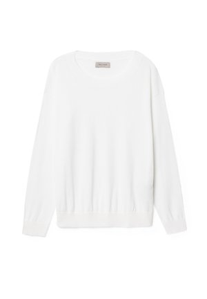 Biała bluza z długim rękawem, wykonana z miękkiego materiału, z okrągłym dekoltem, ściągaczami przy mankietach oraz lekko marszczonym dołem.