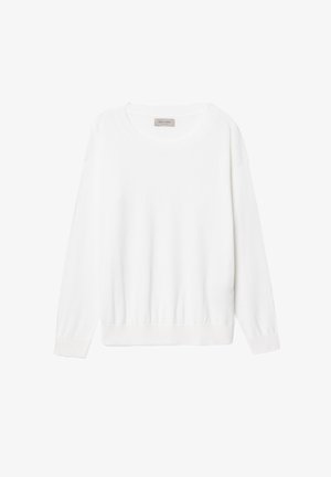 Hvid sweatshirt med lange ærmer lavet af blødt stof, med rund halsudskæring, ribbede manchetter og en let samlet kant.