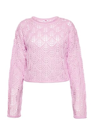 Lyserød, cropped sweater lavet af åbent strikket stof med et blondermønster og lange ærmer. Rund halsudskæring med ribkant nederst og ved ærmerne.