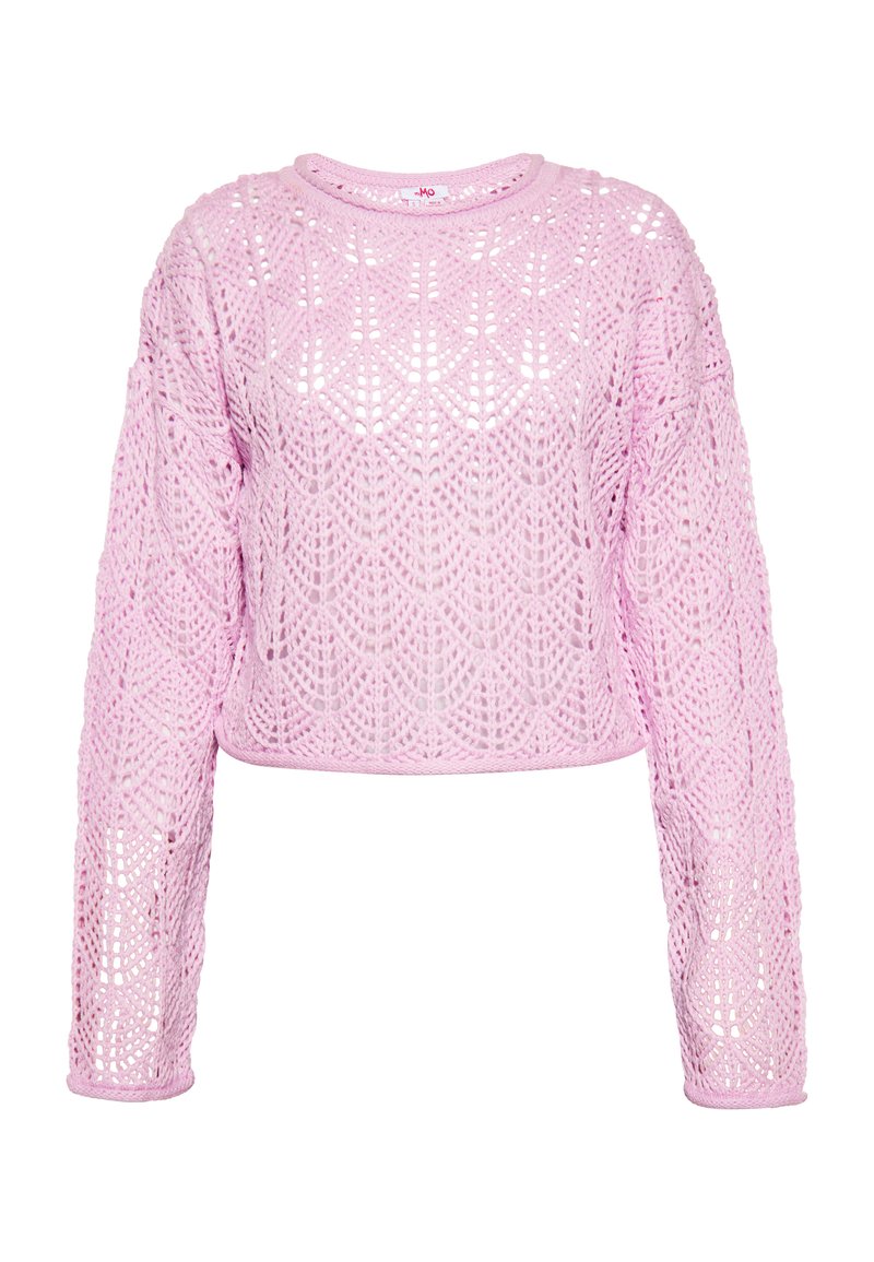 Ružový skrátený sveter z otvorenej pleteniny s čipkovaným vzorom a dlhými rukávmi. Okrúhly výstrih s rebrovaním na leme a rukávoch.