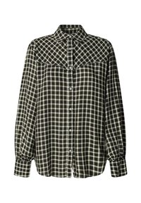 Chemise à manches longues à carreaux noir et blanc avec boutons, col pointu et empiècement contrastant avec le motif principal à carreaux.