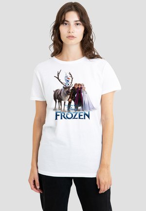 White cotton t-shirt featuring a printed graphic of characters from Disney’s "Frozen," including a moose, snowman, and two princesses.