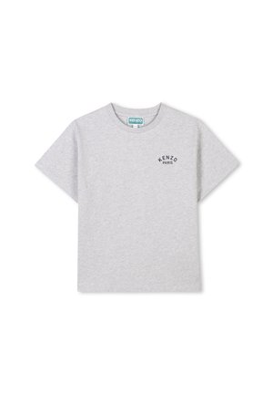 T-shirt in cotone grigio con maniche corte e collo rotondo, con logo "KENZO PARIS" ricamato in blu scuro sul lato sinistro del petto.