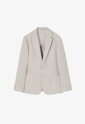 Light beige linen blazer featuring a notched lapel, two front pockets, dual-button closure, and four-button accents on sleeves.