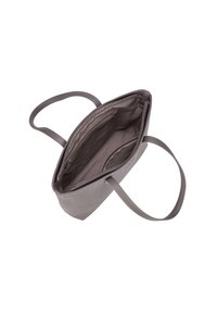 Borsa a spalla grigia realizzata in materiale liscio con apertura superiore, due manici e tasche interne, inclusa una sezione con zip.