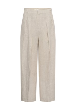 Beige high-waist wijde broek met plooien aan de voorkant en riemlussen, gemaakt van een gestructureerde linnenstof.
