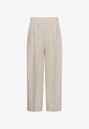 Beige high-waist wijde broek met plooien aan de voorkant en riemlussen, gemaakt van een gestructureerde linnenstof.