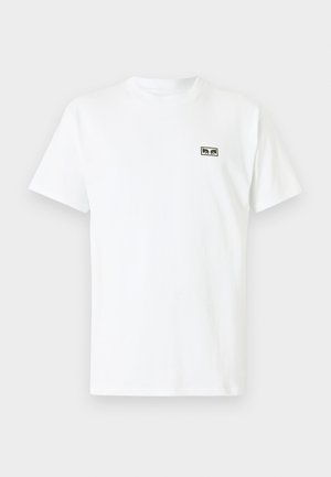 White cotton t-shirt with short sleeves, crew neckline, and a small black and olive green logo print on the left chest area.