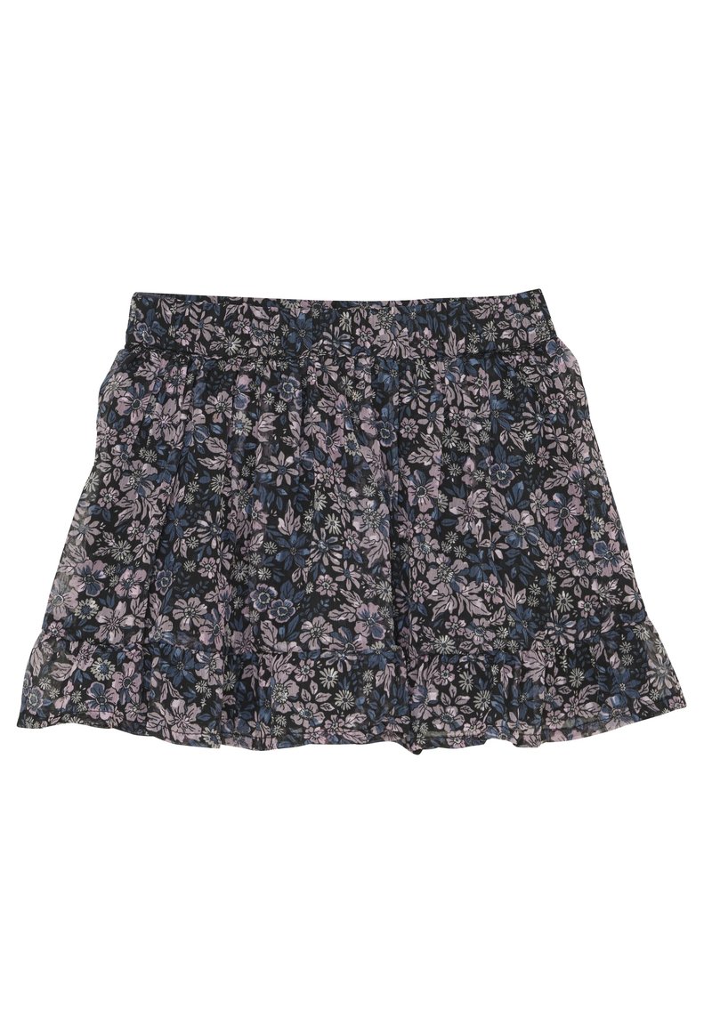 Bloemrok in zwart met blauwe en paarse bloemen. Heeft een geraffineerde tailleband en een gerimpelde zoom. Gemaakt van lichtgewicht stof.