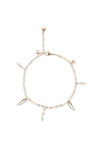 Pulsera de cadena en tono dorado con acentos florales, colgantes en forma de hoja y una cuenta verde, con un cierre ajustable. Diseño ligero.