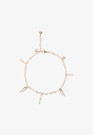 Gouden kettingarmband met bloemenaccenten, bladvormige hangers en groene kraal, met een verstelbare sluiting. Lichtgewicht ontwerp.