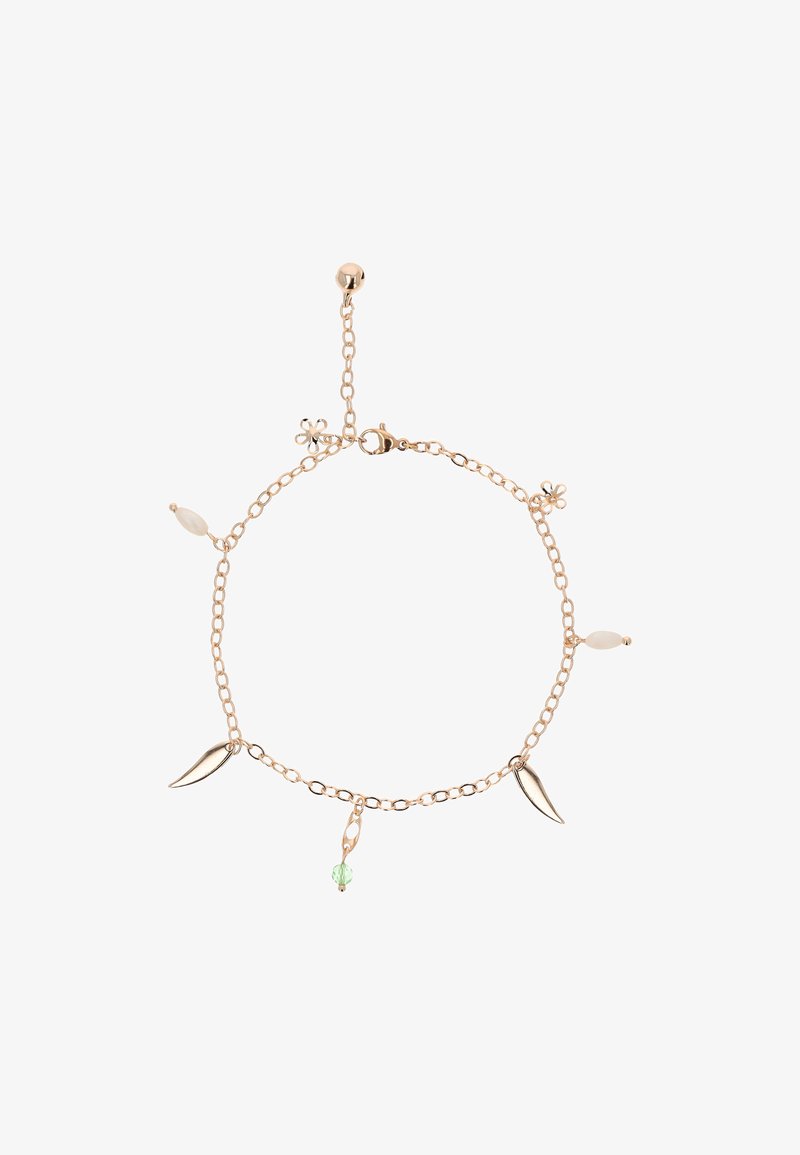 Pulsera de cadena en tono dorado con acentos florales, colgantes en forma de hoja y una cuenta verde, con un cierre ajustable. Diseño ligero.