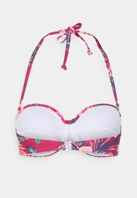 Bikini-Oberteil mit einer weißen gepolsterten Tasse, pinkfarbigem Blumenstoff, verstellbaren Bindebändern und einem Verschluss am Rücken.