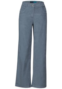 Ljusblå vida byxor i mjukt tyg, med framfickor, knappstängning och rena linjer utan synliga mönster.