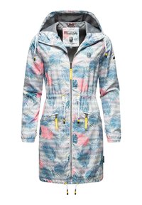 Lätt, mönstrad jacka med huva; har tropiska bladdesigner i blått och rosa, elastisk midja, gula detaljer och fickor med dragkedja.