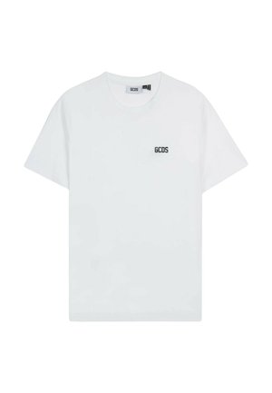 T-shirt bianca a maniche corte con scollo rotondo e piccolo logo nero "GCDS" sul petto sinistro.