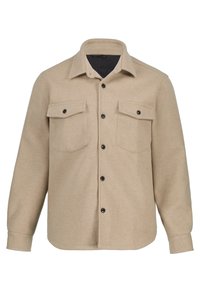 Beżowa wełniana kurtka koszulowa z ostrym kołnierzem, czarnymi guzikami, dwoma kieszeniami na piersi i prostym dołem. Gładka tekstura i dopasowany krój.