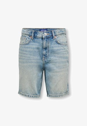 Lyseblå denimshorts med frontknap, bæltestropper og lommer, mærket "Only & Sons" på inderlinningen.