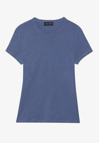 Short-sleeve blue T-shirt made of soft cotton. Features a round neckline and straight hem, with minimal stitching details.