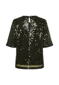 Melnas sekvīnu blūzes ar īsām piedurknēm, ar V veida kakla izgriezumu un atslēgas cauruma detaļu aizmugurē. Grozīta, spīdīga virsma ar dažādu izmēru sekvīniem.