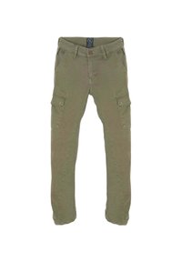 Olivengroene cargobroek met een rechte pijpdesign, voorzien van meerdere zijzakken, een ritssluiting en contrasterende stiksels.