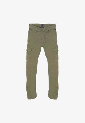 Olivengroene cargobroek met een rechte pijpdesign, voorzien van meerdere zijzakken, een ritssluiting en contrasterende stiksels.
