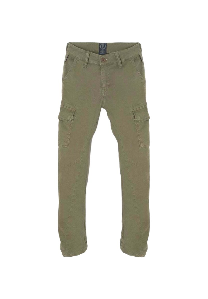 Olivengroene cargobroek met een rechte pijpdesign, voorzien van meerdere zijzakken, een ritssluiting en contrasterende stiksels.