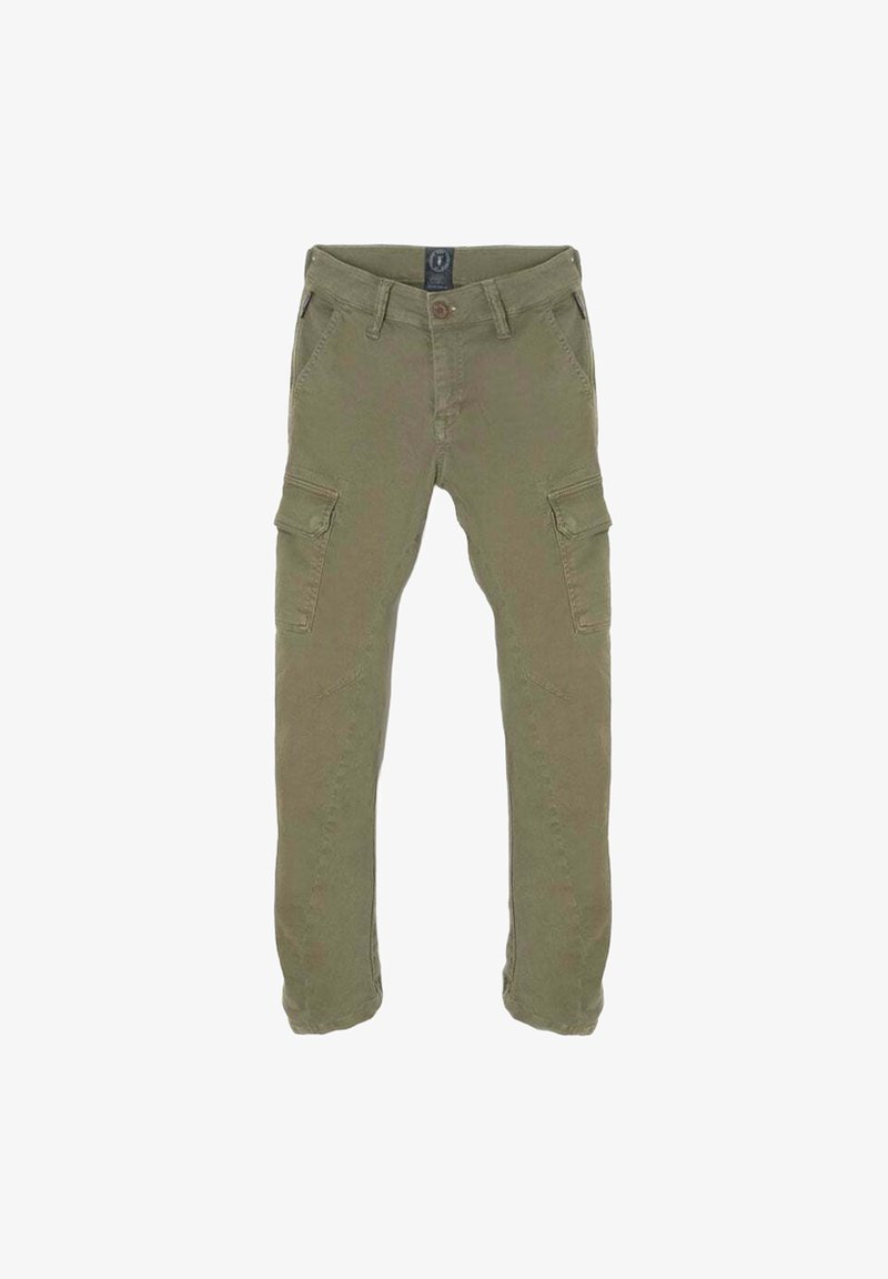 Olivengroene cargobroek met een rechte pijpdesign, voorzien van meerdere zijzakken, een ritssluiting en contrasterende stiksels.