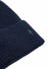 Granatowa dziana czapka z prążkowanym wzorem. Posiada małe zielone logo akcentujące blisko mankietu. Miękki i ciepły materiał.