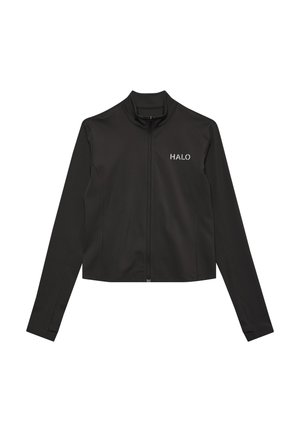 Veste noire à manches longues avec fermeture éclair, texte "HALO" sur la poitrine gauche, coupe ajustée et col montant.