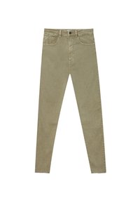 Pantalones de tela beige ajustados con una textura suave, diseño de cinco bolsillos, cintura con botón y bordes dobladillados.