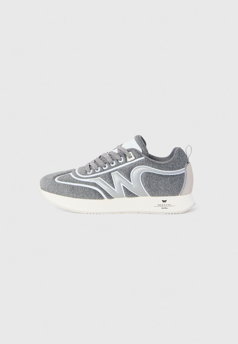 Gray and white low-top sneaker with laces, "W" design on side, and a white sole branded "Weekend Max Mara" on the heel.