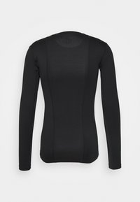 Schwarzes langärmeliges, enganliegendes Hemd mit einem strukturierten, atmungsaktiven Panel, das vertikal entlang der Mitte des Rückens verläuft.