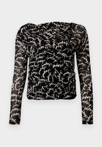 Must musta läbipaistvast kangast pika varrukaga top, millel on volditud disain ja valged käsitsi kirjutatud teksti mustrid üle kogu pinna. Keha järgiva lõikega.