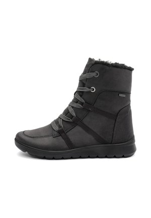 Schwarzer Halbhoher Winterstiefel mit Schnürsenkeln, Gummisohle und Futter aus Fleece, konzipiert für kaltes Wetter und mit einem Gore-Tex-Label für Wasserdichtigkeit ausgestattet.