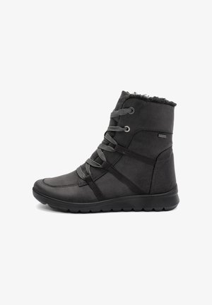 Schwarzer Halbhoher Winterstiefel mit Schnürsenkeln, Gummisohle und Futter aus Fleece, konzipiert für kaltes Wetter und mit einem Gore-Tex-Label für Wasserdichtigkeit ausgestattet.