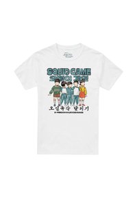 White t-shirt featuring five characters from "Squid Game" in playful poses, with the title in Korean and English text below them.