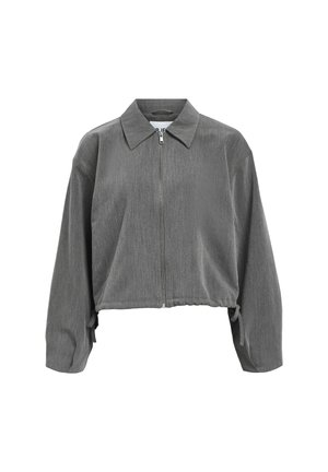 Veste grise cropped avec fermeture éclair sur le devant, manches longues, col et liens réglables sur les côtés sur fond blanc.