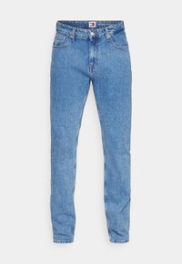 Ljusblå denimjeans med raka ben, som har fem fickor, en knappstängning och sömnadsdetaljer.