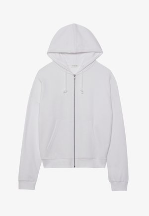 Weiße Zip-Hoodie aus weichem Material, mit Kapuze, Kordeln und vorderen Taschen. Schlichte, lockere Passform mit gerippten Bündchen und Saum.